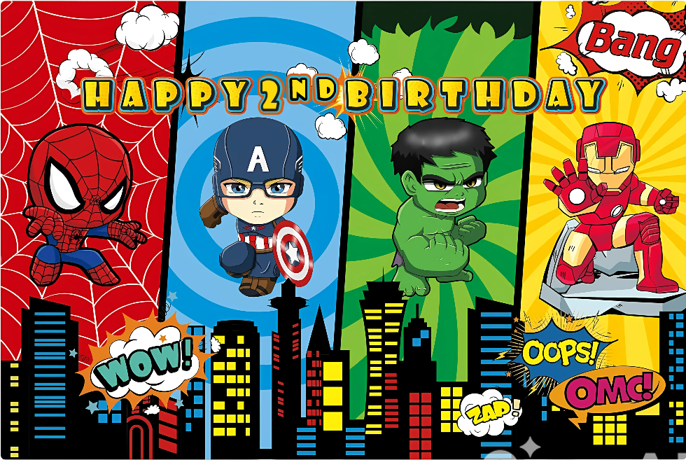 Pancarta de fondo para cumpleaños de superhéroe 2 AÑOS – 59 x 39.4 pulgadas