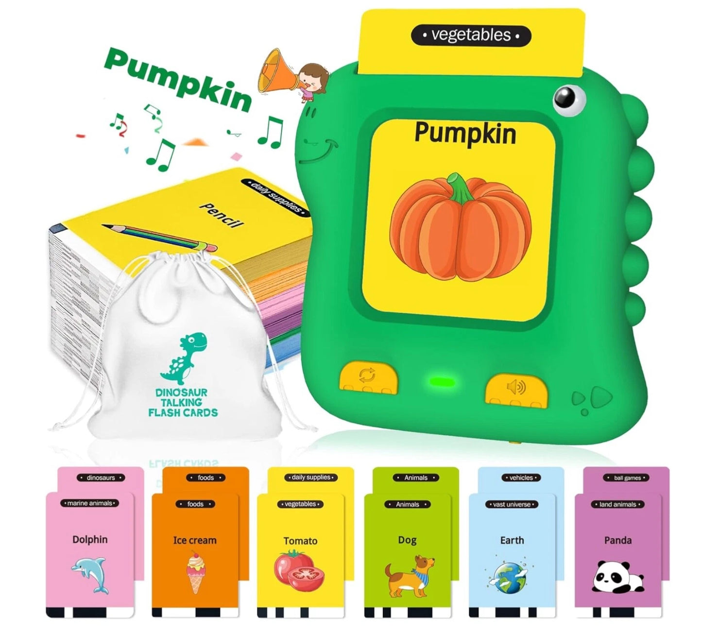 Tarjetas Flash Parlantes para Niños Pequeños, Juguetes de Terapia del Habla de Dinosaurio en Color Verde