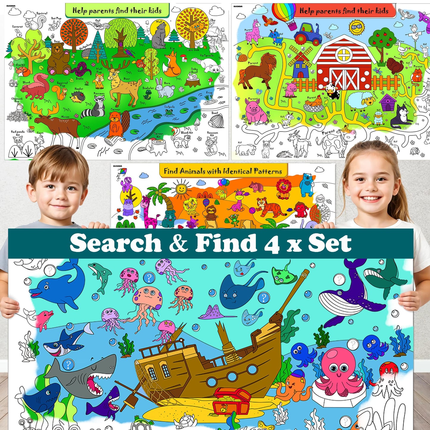 Set de 4 Pósters Gigantes para Colorear – Granja, Mar, Zoológico y Bosque