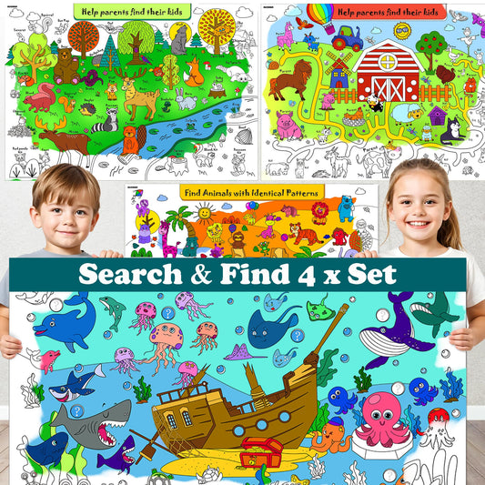 Set de 4 Pósters Gigantes para Colorear – Granja, Mar, Zoológico y Bosque
